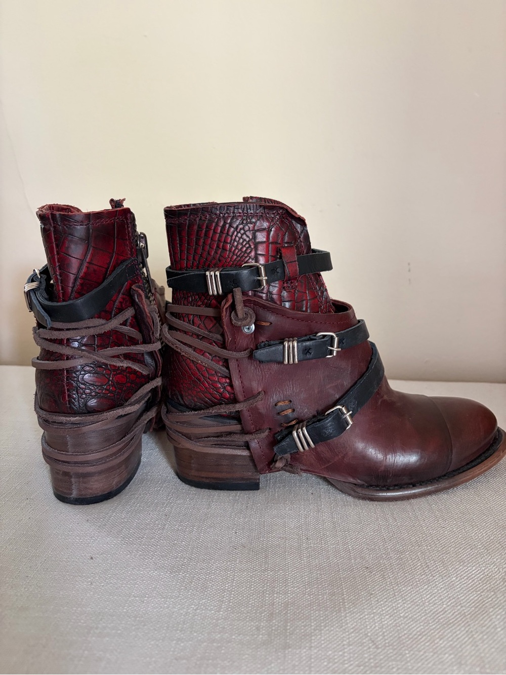 Freebird by Steven Burgundy Red Leather Ankle Combat Boots with Wrap Straps